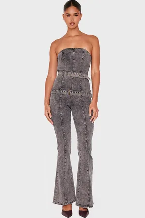 PRETTYLITTLETHING Buckle Detail Straight Leg Denim Jumpsuit
