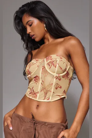 PRETTYLITTLETHING Butter Cream Mesh Boned Printed Long Corset