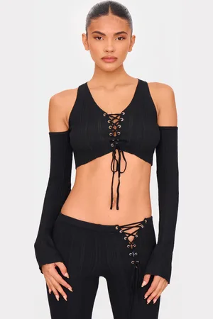 PRETTYLITTLETHING Textured Rib Knit Lace Up Cold Shoulder Top