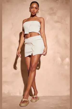 PRETTYLITTLETHING Rib Knit Asymmetric Button Up Mini Skirt