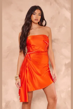 PRETTYLITTLETHING Satin Bandeau Embroidered Shift Dress