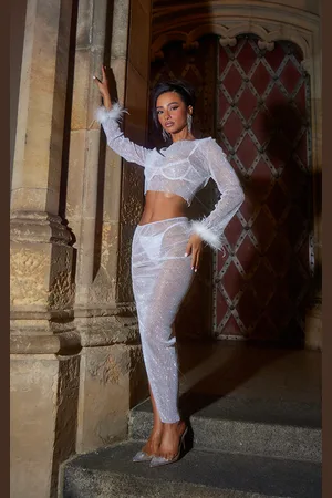 PRETTYLITTLETHING Petite Diamante Asymmetric Midaxi Skirt