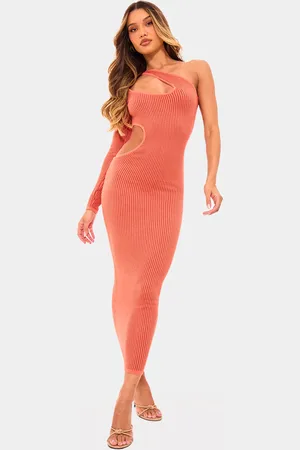 PRETTYLITTLETHING Rust Two Tone Knit One Shoulder Cut Out Maxi Dress