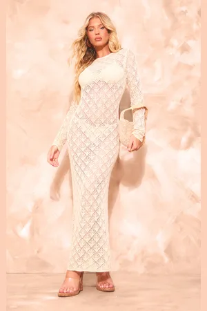 PRETTYLITTLETHING Cream Patterned Crochet Long Sleeve Maxi Dress