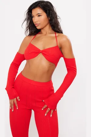 PRETTYLITTLETHING Rib Knit Bardot Tie Neck Top
