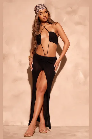 PRETTYLITTLETHING Sheer Ribbed Knit Cut Out Halterneck Maxi Dress