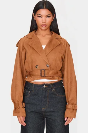 PRETTYLITTLETHING Tan Cropped Faux Suede Belted Trench Coat