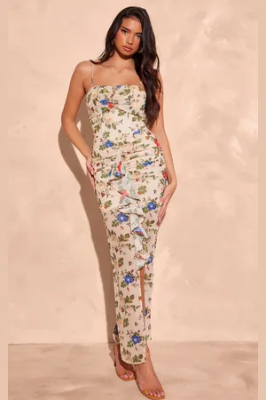 PRETTYLITTLETHING Nude Floral Chiffon Ruched Draped Front Midaxi Dress