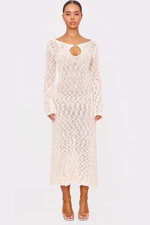 PRETTYLITTLETHING Textured Crochet Knit Long Sleeve Maxi Dress