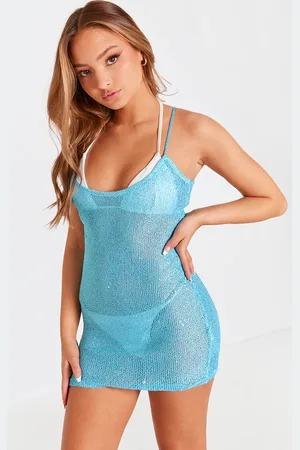 PRETTYLITTLETHING Petite Turquoise Strappy Sequin Knitted Mini Dress