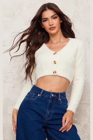 PRETTYLITTLETHING Cream Eyelash Knit Crop Button Up Cardigan