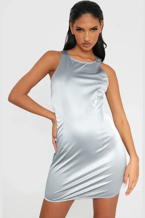 PRETTYLITTLETHING Silver Matte Vinyl Racer Neck Bodycon Dress