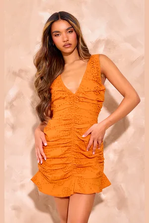 PRETTYLITTLETHING Broderie Plunge Ruched Frill Hem Bodycon Dress