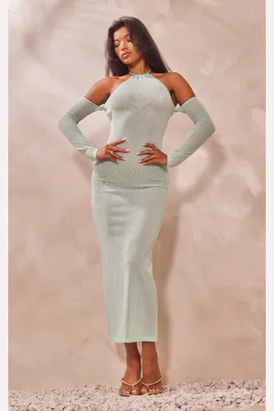 PRETTYLITTLETHING Mint Sheer Knit Halter Neck Long Sleeve Dress
