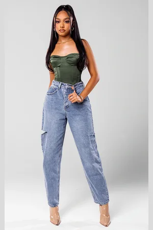 PRETTYLITTLETHING Mid Wash Thigh Split Baggy Boyfriend Jeans