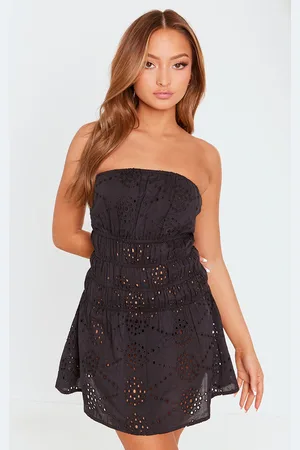 PRETTYLITTLETHING Petite Broderie Bandeau Ruched Shift Dress