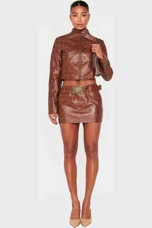 PRETTYLITTLETHING Faux Leather Studded Belt Detail Mini Skirt