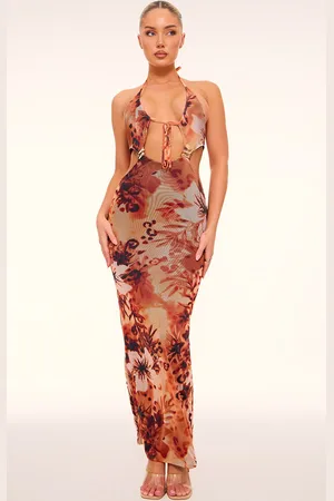 PRETTYLITTLETHING Animal Print Mesh Trim Detail Cut Out Maxi Dress