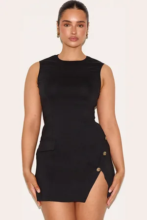 PRETTYLITTLETHING Shape Stretch Woven Boat Neck Side Split Hammered Button Mini Dress