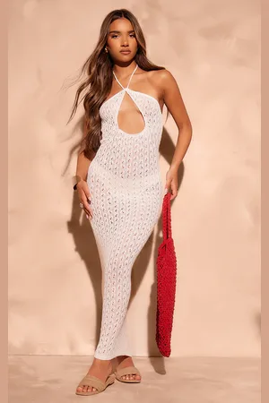 PRETTYLITTLETHING Pointelle Knit Cut Out Front Halterneck Maxi Dress