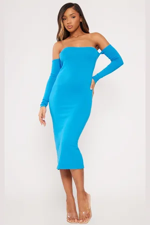 PRETTYLITTLETHING Cobalt Bardot Long Sleeve Knit Maxi Dress