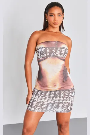 PRETTYLITTLETHING Diamante Body Print Lace Up Bandeau Bodycon Dress