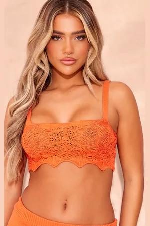 PRETTYLITTLETHING Rust Patterned Crochet Knit Square Neck Crop Top