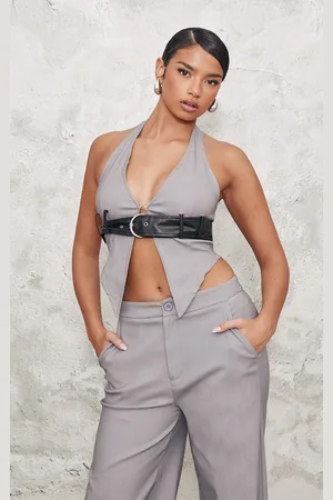 PRETTYLITTLETHING Contrast Faux Leather Belt Halterneck Top