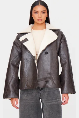 PRETTYLITTLETHING Distressed Faux Leather Borg Contrast Aviator Jacket