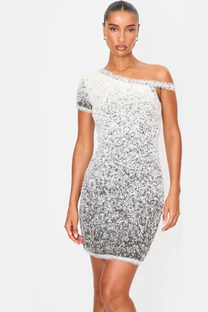 PRETTYLITTLETHING Cream Soft Marl Knit Racer Neck Asymmetric Mini Dress