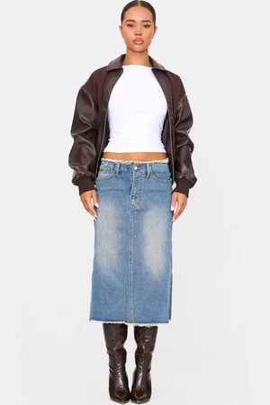 PRETTYLITTLETHING Side Split Raw Hem Denim Midi Skirt