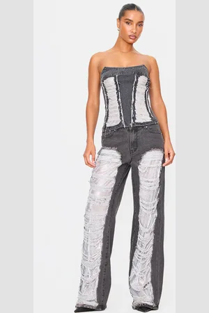 PRETTYLITTLETHING Extreme Distressed Sequin Panel Straight Leg Jeans