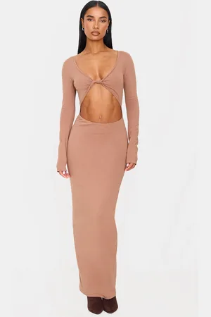 PRETTYLITTLETHING Taupe Cotton Twist Cut Out Long Sleeve Midaxi Dress