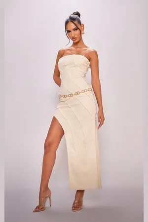 PRETTYLITTLETHING Stone Frayed Seam Detail Asymmetric Denim Midi Dress