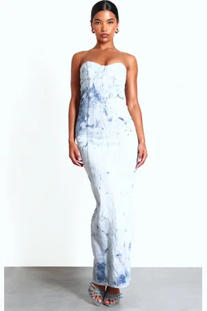 PRETTYLITTLETHING Tie Dye Print Bustier Denim Maxi Dress