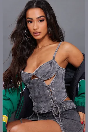 PRETTYLITTLETHING Petite Acid Wash Denim Lace Up Corset