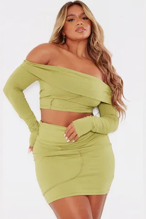 PRETTYLITTLETHING Shape Olive Bardot Seam Detail Foldover Crop Top