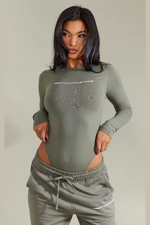 PRETTYLITTLETHING Khaki Logo Print Long Sleeve Bodysuit