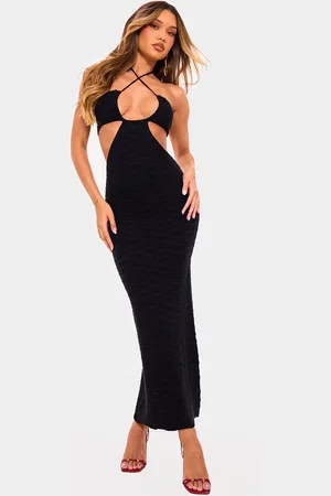 PRETTYLITTLETHING Textured Knit Cut Out HalterNeck Maxi Dress