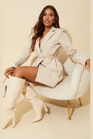 PRETTYLITTLETHING Stone Woven Long Sleeve Toggle Waist Blazer Dress