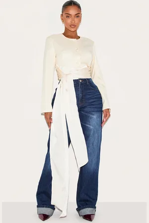 PRETTYLITTLETHING Shape Cream Tailored Wrap Wasit Long Sleeve Top