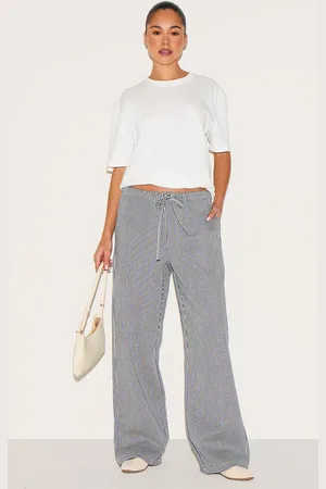 PRETTYLITTLETHING Mid Rise Tie Waist Pinstripe Denim Trouser