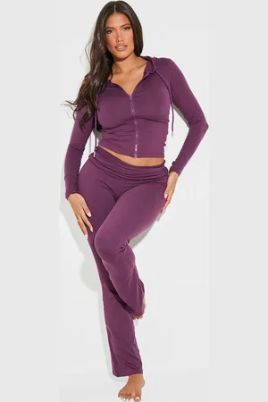 PRETTYLITTLETHING Shape Plum Stretch Sculpted Foldover Waist Flare Trousers