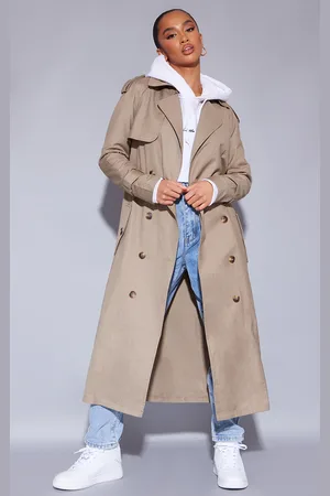 PRETTYLITTLETHING Petite Stone Woven Oversized Trench Coat