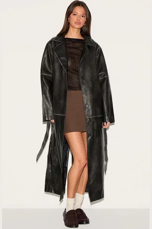 PRETTYLITTLETHING Distressed Faux Leather Seam Detail Trench Coat