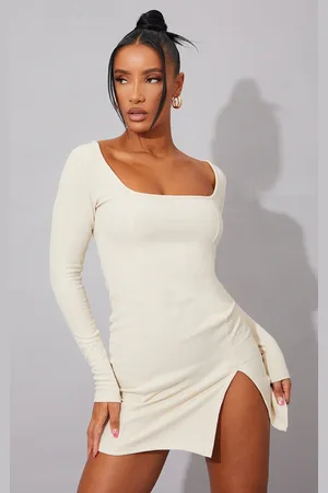 PRETTYLITTLETHING Cream Rib Split Hem Square Neck Long Sleeve Bodycon Dress