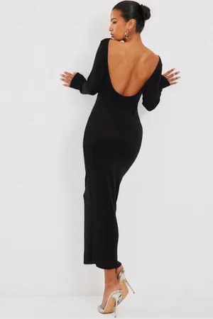 PRETTYLITTLETHING Acetate Slinky Long Sleeve Slash Neck Open Back Maxi Dress