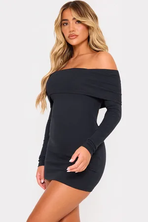 PRETTYLITTLETHING Rib Foldover Bardot Bodycon Dress