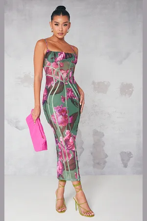 PRETTYLITTLETHING Floral Print Mesh Binding Detail Midaxi Dress