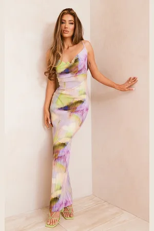 PRETTYLITTLETHING Watercolour Plisse Strappy Maxi Dress